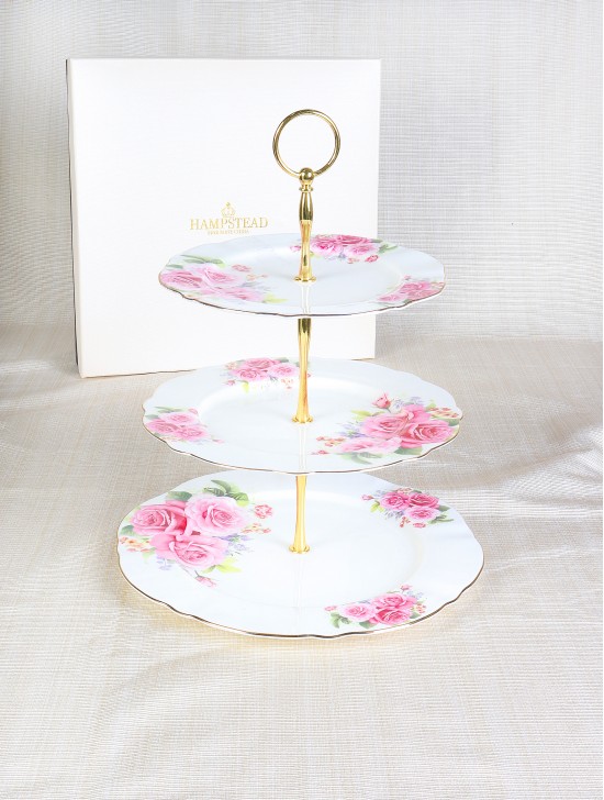 Porcelain 3-Tier Cake Plate in Pink Roses With Gift Box